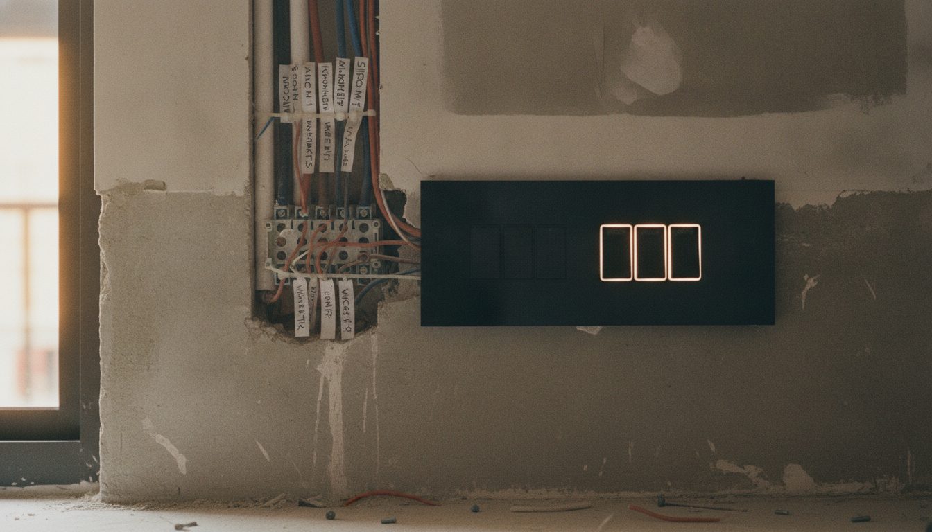 Neatly labelled electrical wiring beside a finished smart switch panel
