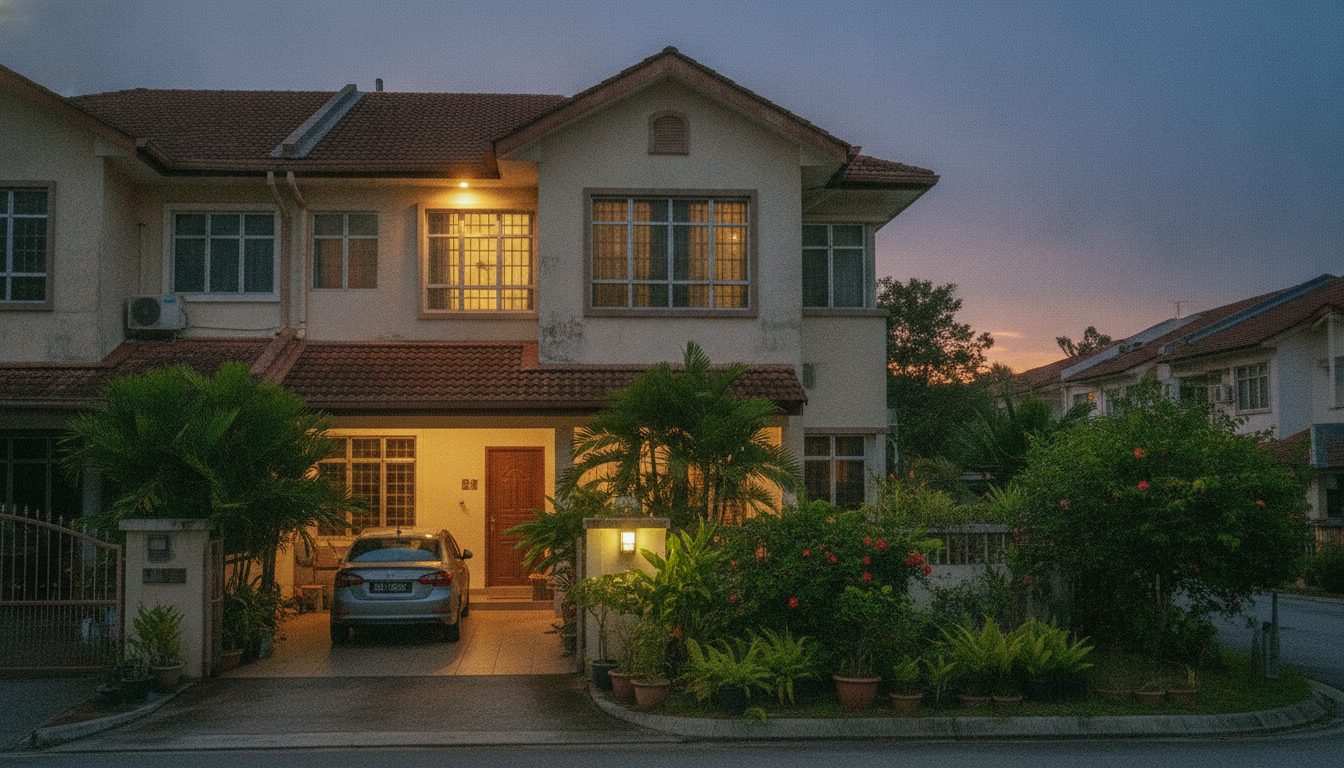 Malaysian semi-detached house at dusk with warm automated lighting