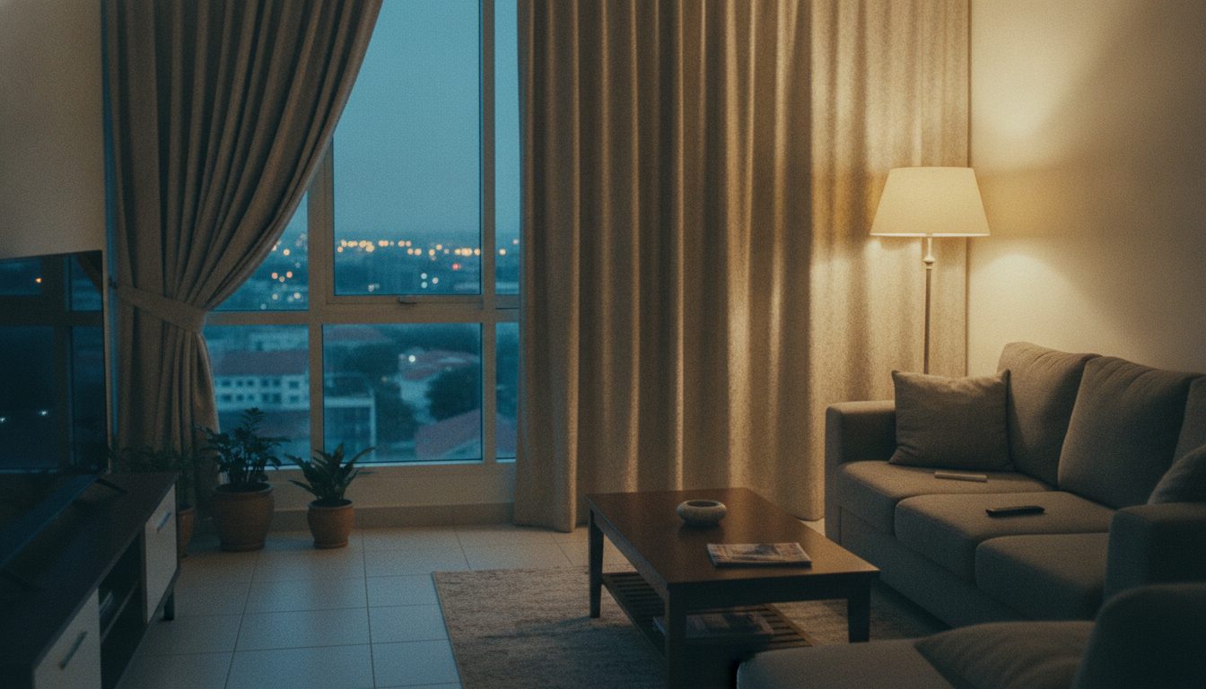 Malaysian condominium living room at night with motorised curtains half drawn