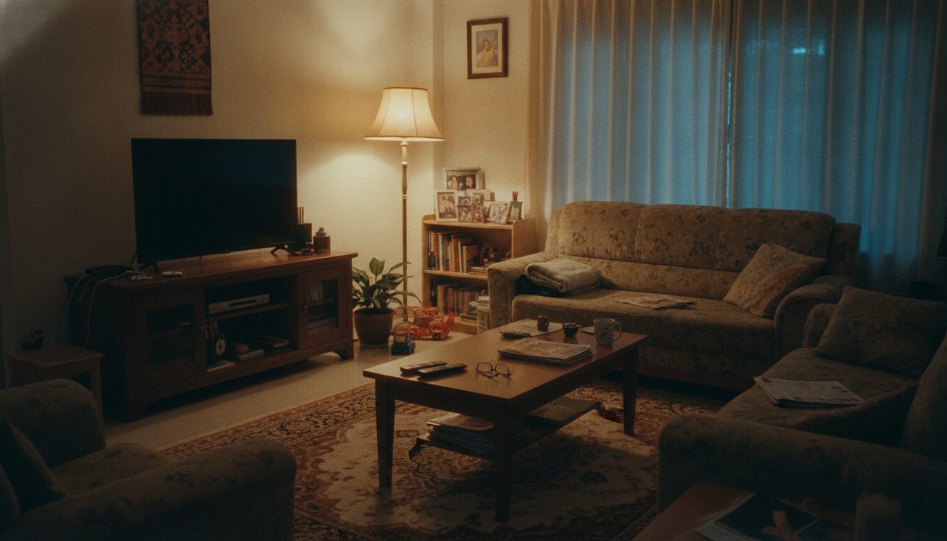 Ordinary Malaysian living room at night with one warm lamp on