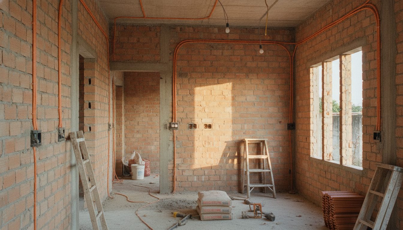 New build interior with electrical conduits laid before plastering