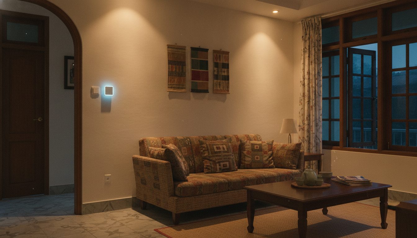 Terrace house living room in Melaka with a warm automated lighting scene on
