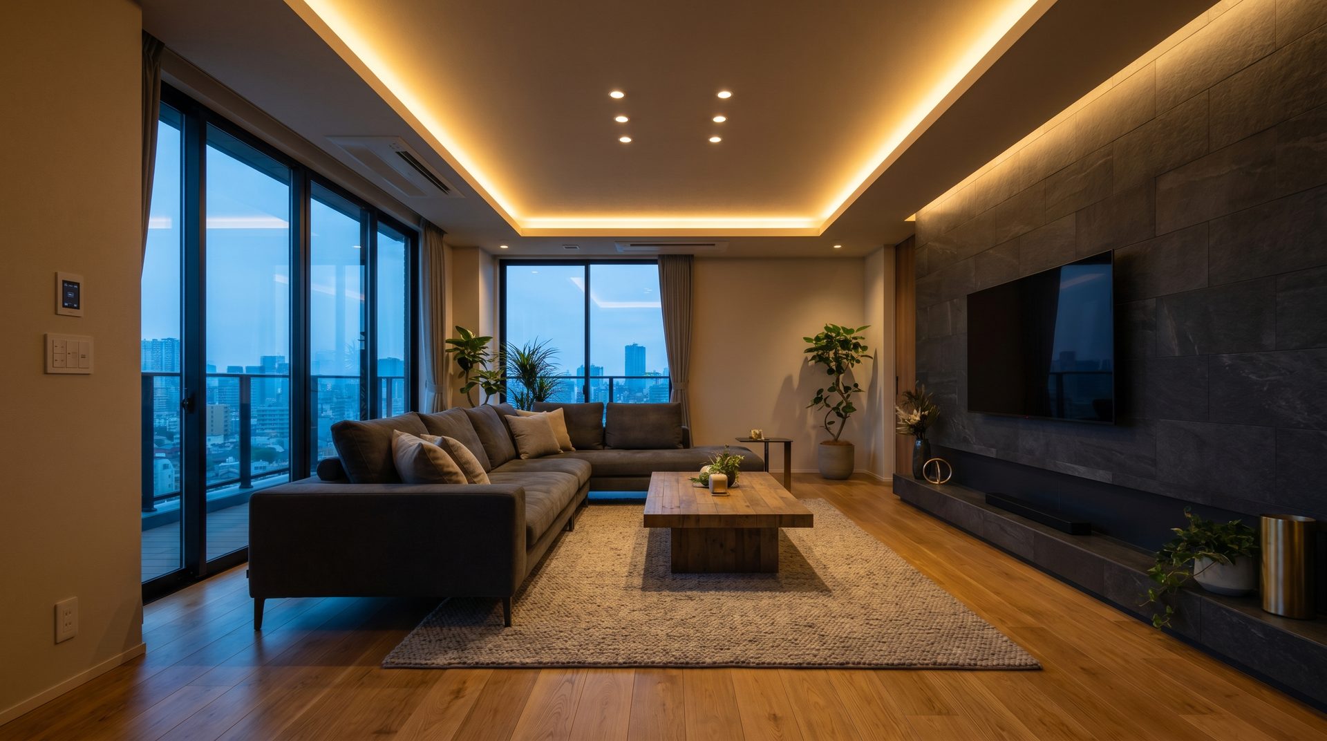 Living room with Tekovate automated warm lighting scene active