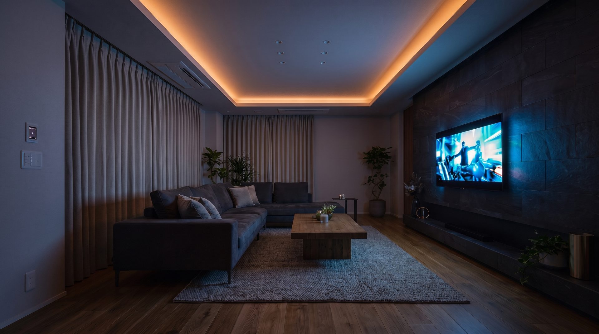 Living room in cinema mode with lights dimmed and curtains closed