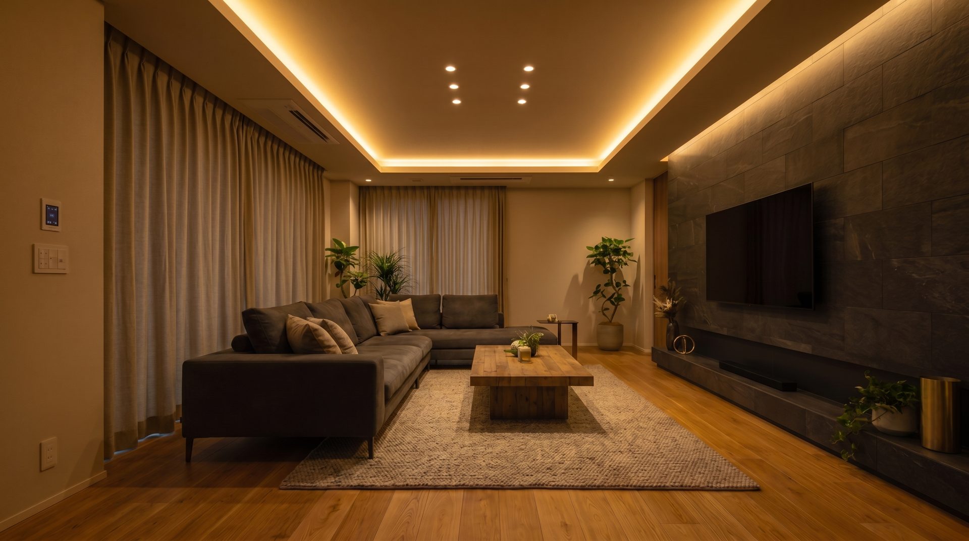 Living room with motorised curtains drawn for the afternoon heat