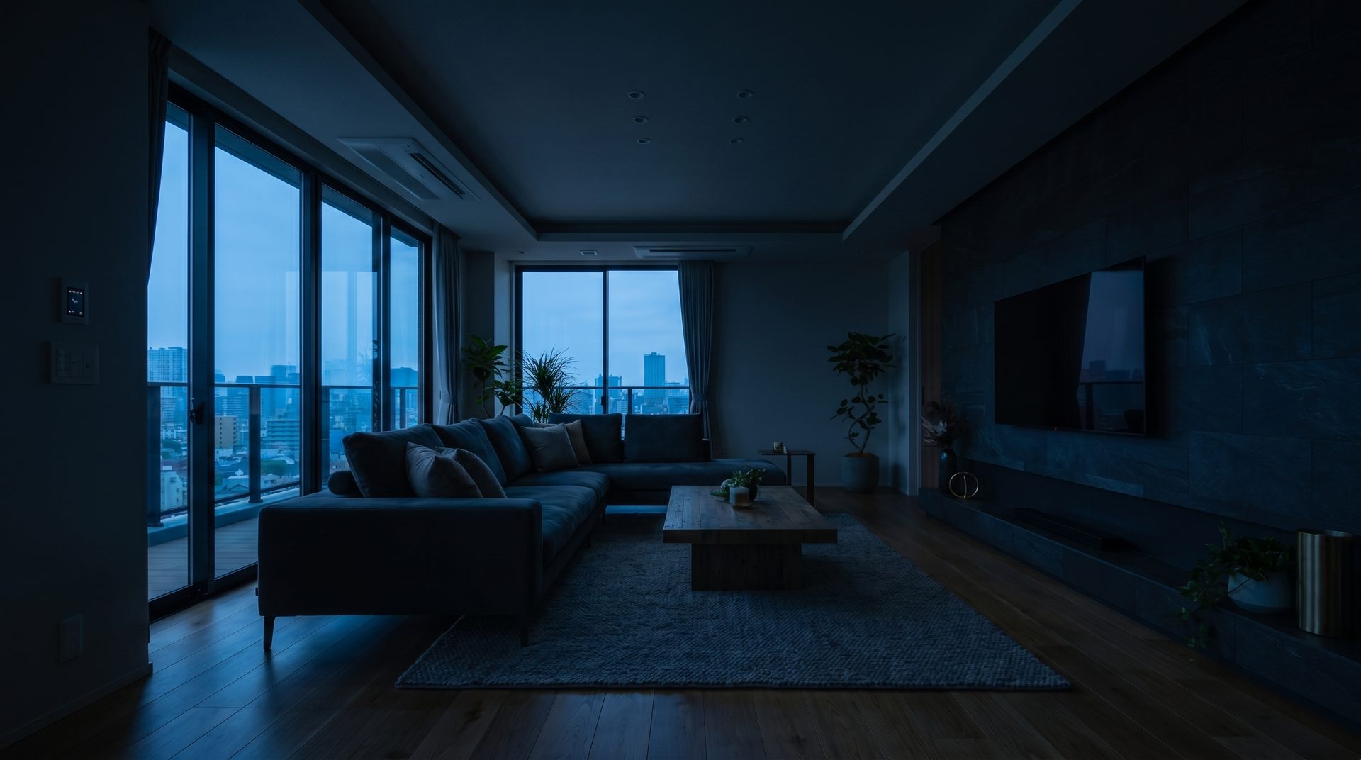 Living room at night with the Tekovate system armed in away mode